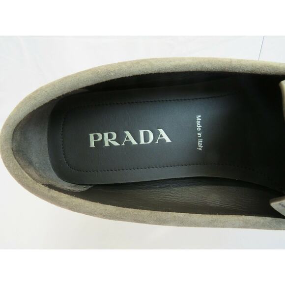 PRADA 2DD159 KHAKI FUMO SUEDE LOGO DRIVING MOCCASINS LOAFERS 7.5 / US 8.5 ITALY - Picture 8 of 12